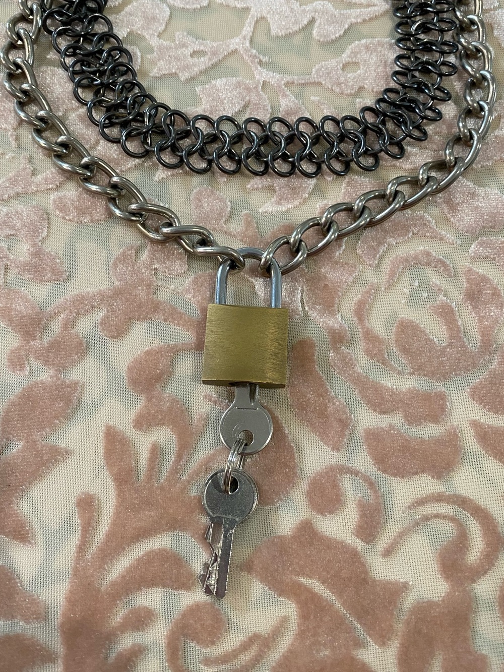 Set of 2 Punk Necklaces - Silver Chain Necklace w/ Padlock & Black Goth Choker